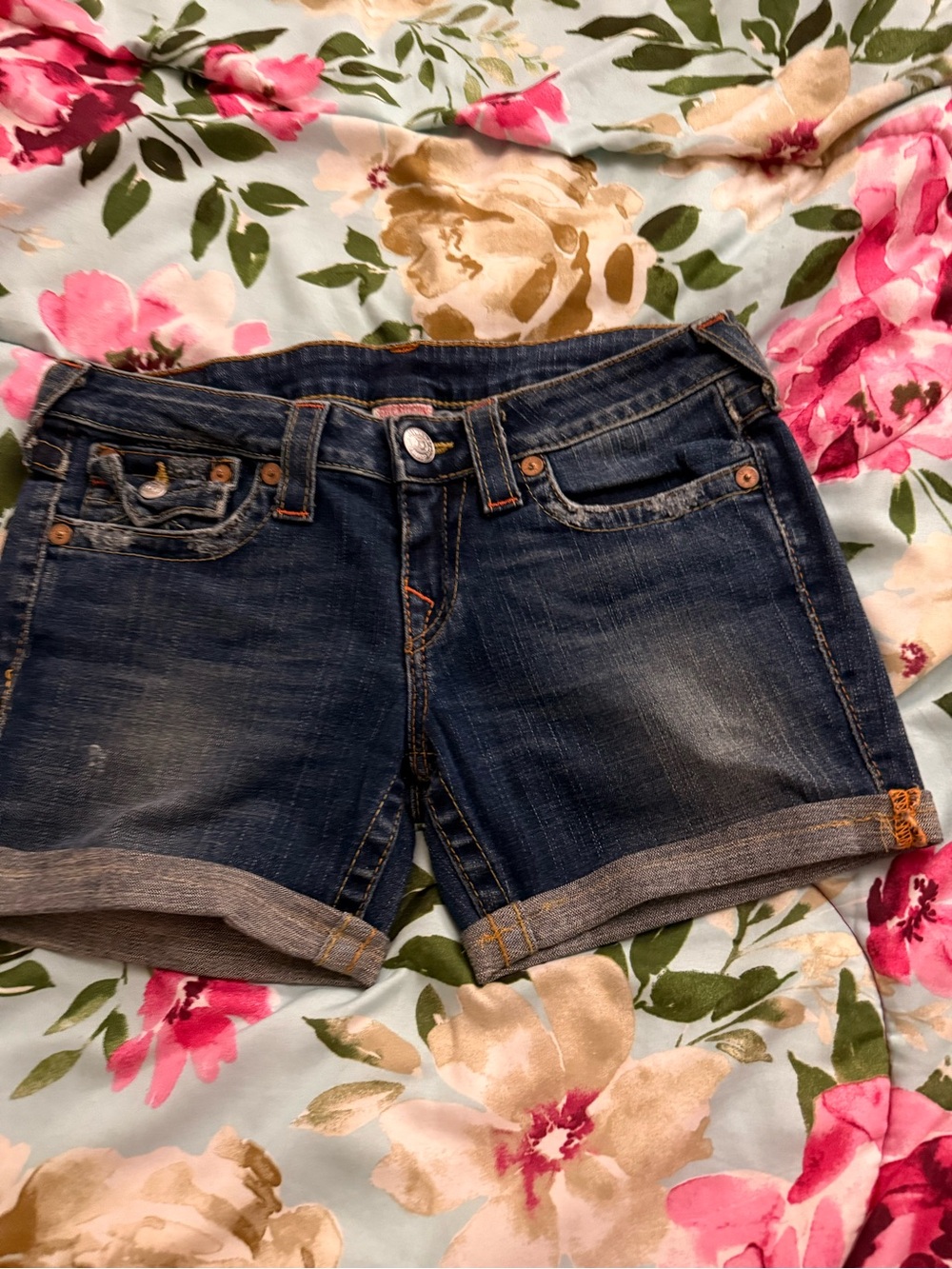 True Religion Dark Blue Rolled-Hem Jean Shorts